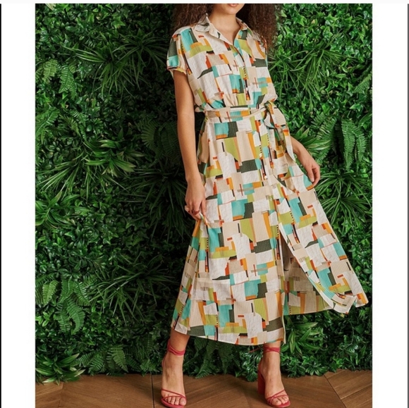 LDT Dresses & Skirts - LDT Multi Color Pattern Button Down Tie Waist Dress Size 8
